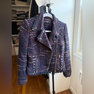 Zara Navy Tweed Jacket with Zipper Accents
